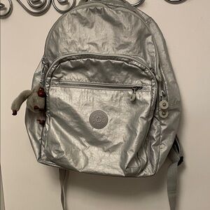 Kipling Silver Metallic Backpack With Multiple Pockets